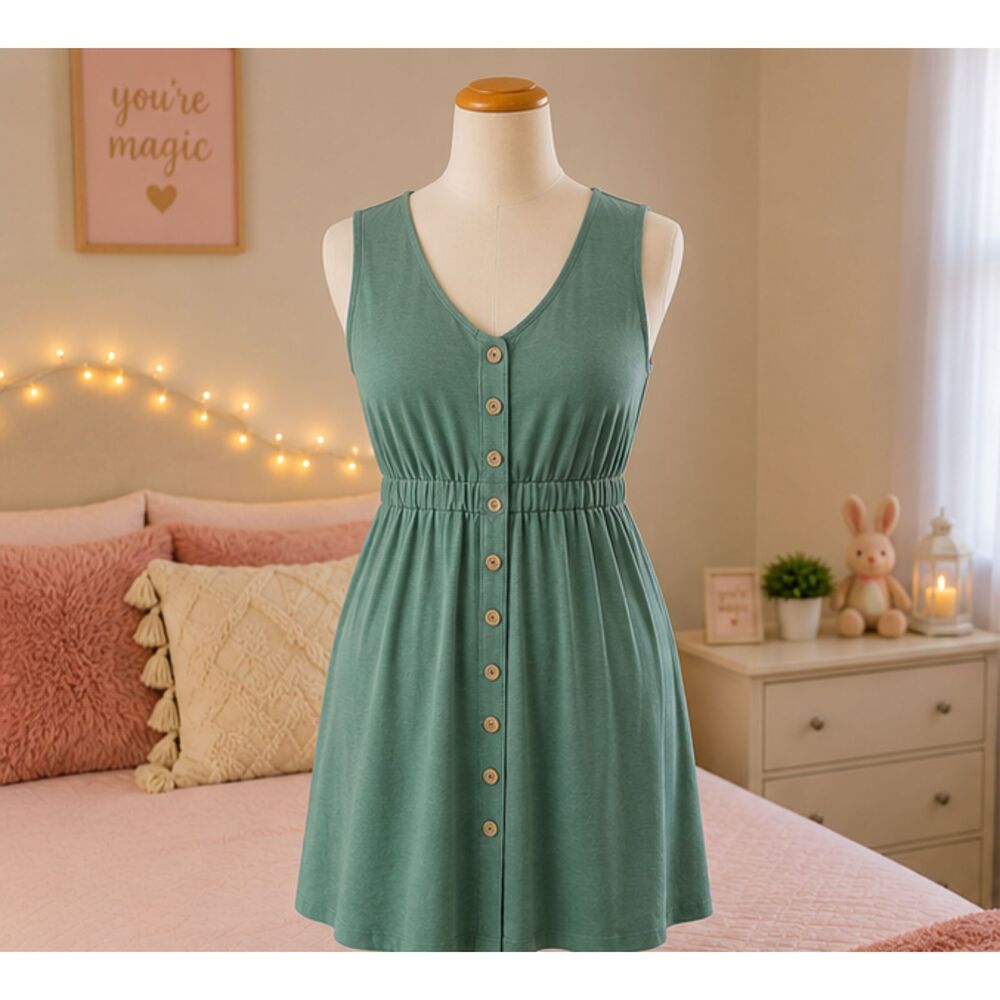 ACELITT Women's Sleeveless Button Front Dress Green Casual Swing Dress